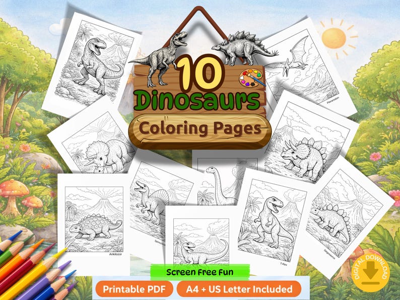 Dinosaur Coloring Pages for Kids | Printable PDF Scenes (A4/US Letter ...