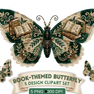Victorian Book Butterfly Clipart – Patchwork Embroidery Wings, Emerald Green Beige, Commercial Use (Digital Download)