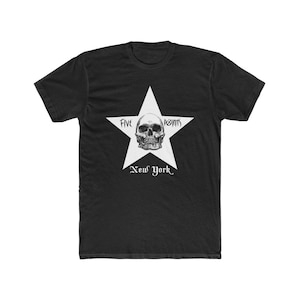 May include: Black t-shirt with a white five-pointed star featuring a skull and the text "Five Points New York".