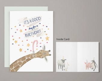 Good Day Birthday Animal Party Greeting Card | Birthday Card | Notecard | Watercolor Greeting Card | Giraffe Confetti | Celebrate