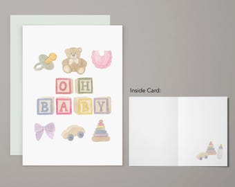Watercolor Baby Shower Card | 'Oh Baby' Blocks Greeting