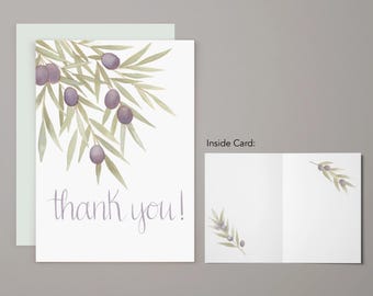 Thank you Olive Branch Greeting Card | Thanks Notecard | Watercolor | Olives and Leaves