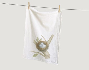 Bird's Nest Kitchen Tea Towel | 100% Cotton Dish Towel | Watercolor Bird's Nest Painted Textile | Everyday | Hostess Gift | Home Decor