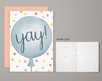 Yay Balloon Greeting Card | Celebration Card | Happy Birthday Card | Celebratory Notecard | Watercolor Greeting Card