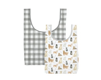 Reusable Grocery Bags | Foldable Shopping Totes | Market | Dog Illustration | Grey Checks | Watercolor Painted Textile | Everyday | Gift