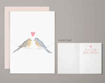 Love Birds Greeting Card | Anniversary Wedding Card | Notecard | Watercolor Greeting Card | Birds Heart Message Valentine