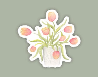 Tulips Sticker | Watercolor Floral Sticker | Waterproof | Flower Vase | Pink Green