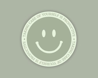 Taking Care of Yourself is Productive Sticker | Smiley Face | Motivational Typography Sticker | Waterproof | Green