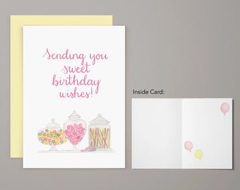 Sweet Birthday Wishes Greeting Card | Birthday Card | Notecard | Watercolor Greeting Card | Party Balloons | Pink Lemonade | Candy Jar