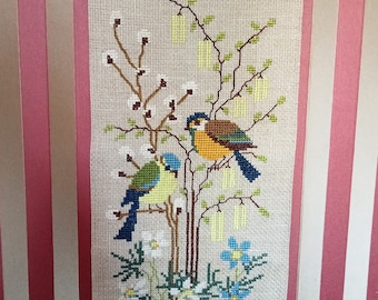 Sweden cross stitch embroidery birds sitting on branch motive hanging 1980
