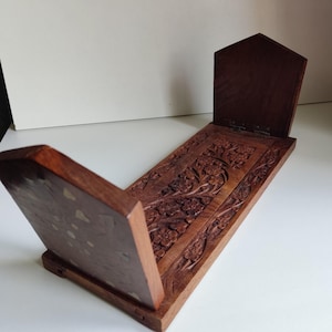 Indian wooden carved book display sliding adjustable novel rest stand retro library room decor 1960
