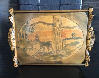 Antique Sweden large wooden tray hand carved deer forest scene serving wall decor 1930