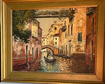 Italian oil painting on canvas canoe  framed in gold ornate frame mid century 1970