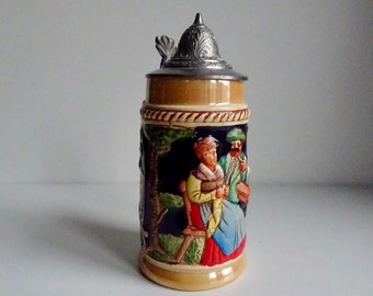 German beer mug stein with pewter lid ceramic decorated folk motive collectibles art 1960s