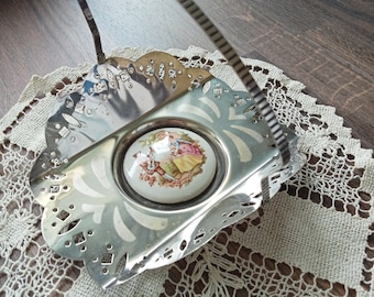 French tray Fragonard Metal Serving  With handle with ceramic miniature scene  inlay table decoration  1960