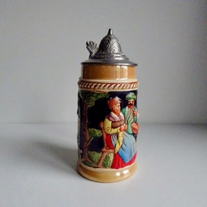 German beer mug stein with pewter lid ceramic decorated folk motive collectibles art 1960s
