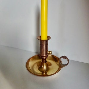 Sweden brass candleholder gold handled chamber stick with finger rest  round mid century 1960