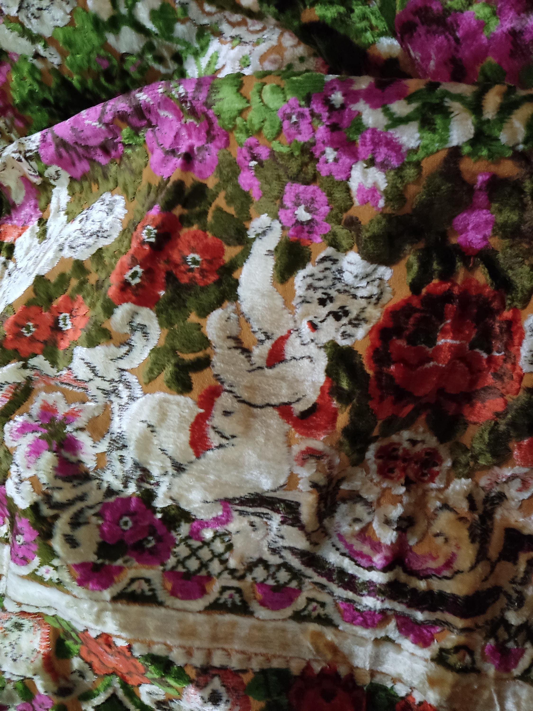 Antique Italian large plush velvet bedcover bedspread cover spread 213 x 240 cm with fringe floral angels cherub motive almost new condition