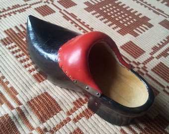 Sweden folk clog shoe black wooden with leather inlay rustic  souvenir 1970s.