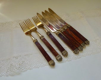 Danish cutlery teak wood brass  kitchen 7 pieces dining mid century 1970