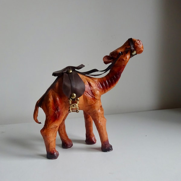 African leather camel with saddle. Collectible figurine animals sculpture statue 1960