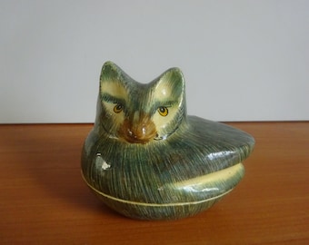 French trinket jewelry box cat shape lacquered mid century Table decor. 1960s