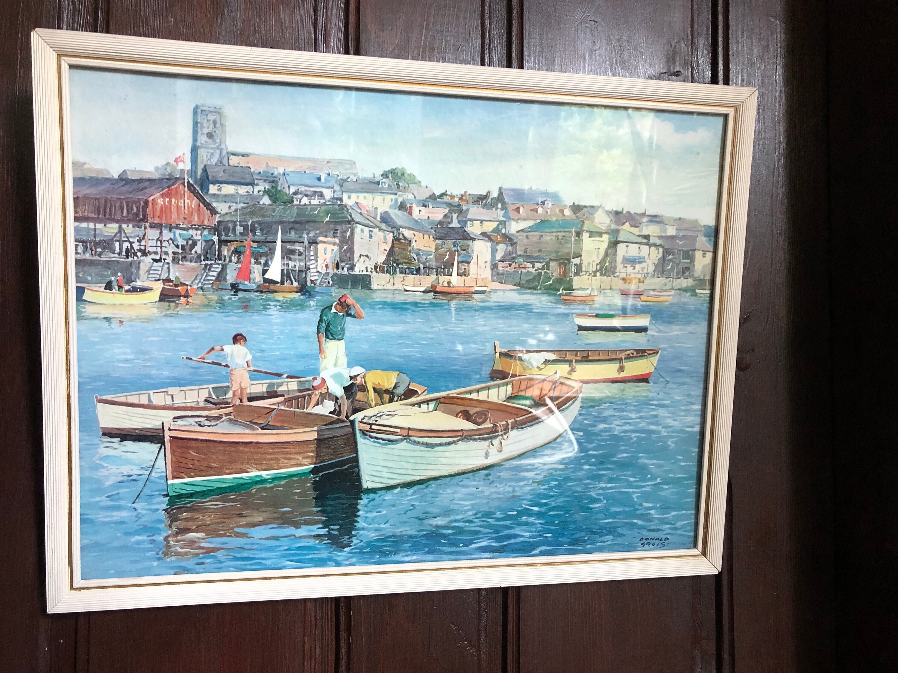MORGAN【船場】油彩画 MORGAN Antique Oil Painting on Board of Boats in Harbor and