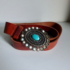 Streets Ahead Vintage Turquoise Mosaic Inlay Black Leather Belt Size M Vintage Streets Ahead Belt - Etsy main image 3