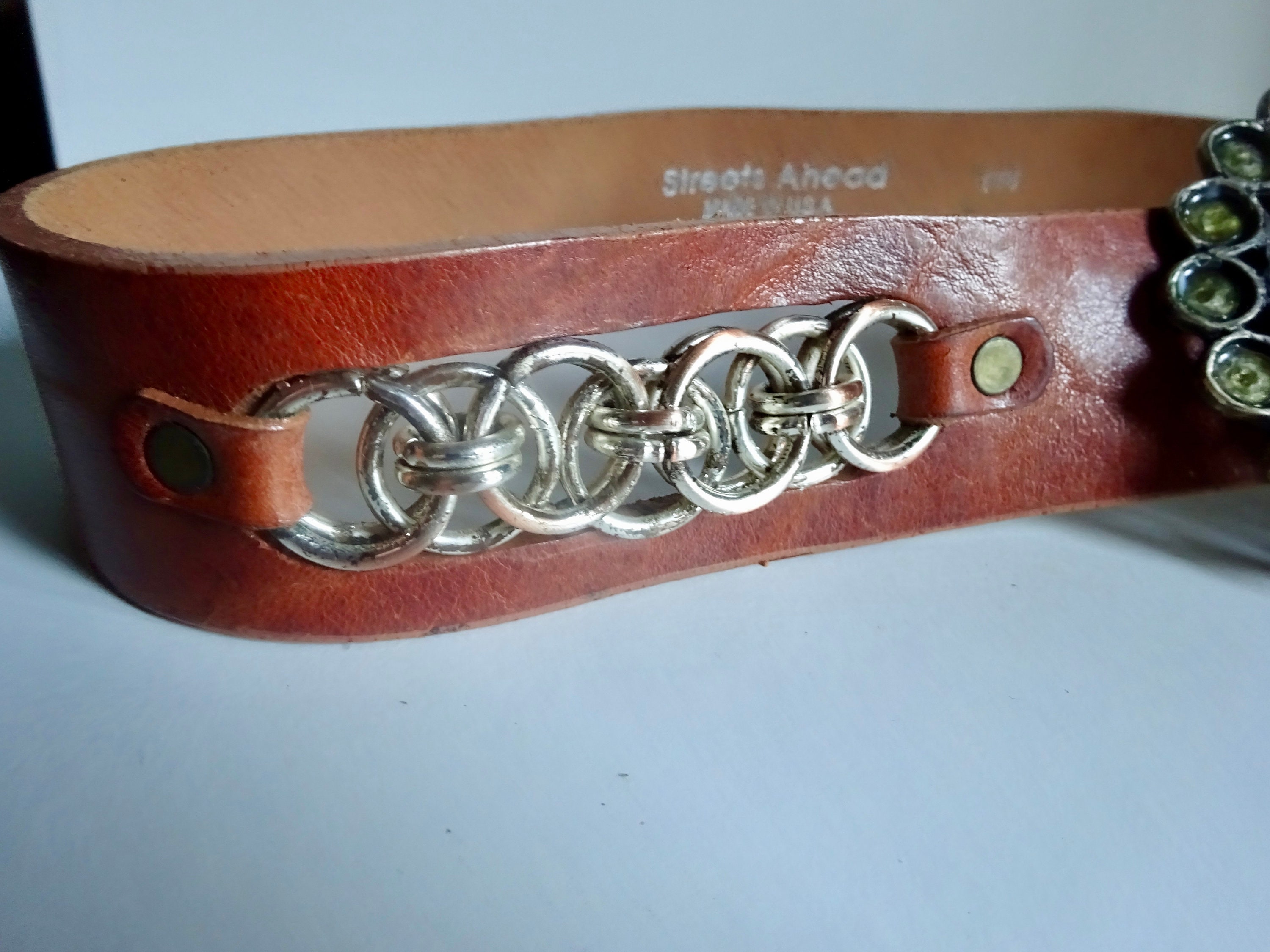 Streets Ahead Belt Women Large Tooled Leather Studded Hippie Boho Statement USA Streets Ahead Beaded Sun Brass Medallion | Mercari main image 3