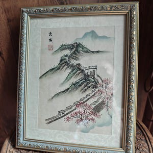 Vintage Great wall of China detailed silk hand made framed picture Asian culture signed 1970