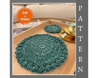 Plush Crochet Round Coasters Easy Pattern | Puffy Cup & Placemat Set | Velvet Doily PDF Pattern Instant Download + Video Tutorial
