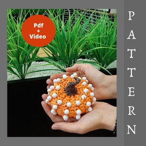 May include: A crocheted pumpkin with a brown stem and white beads around the edges. The pumpkin is being held in two hands. The image includes the text "Pdf + Video" in a red circle.