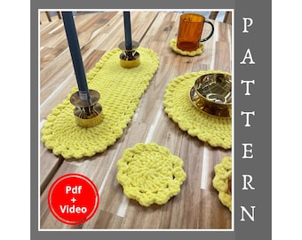 Crochet Coaster Set Chunky Plush Pattern, Flower Coaster + Placemat + Oval Table Runner, Crochet Doily Style, Cup & Plate Mats, PDF + Video