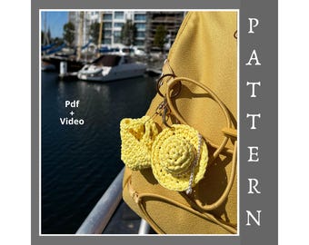 Crochet Hat and Bag Keychain Mini Charm Pattern PDF+ Video,  Cute Car Hanging Decor, Car Mirror Charm, Summer Crochet, Tiny Crochet Ornament