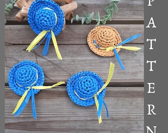 Crochet mini raffia Sun hat pattern, Small hat Amigurumi doll, Scrapbooking hat Miniature straw hat charm Hat keychain Tiny Crochet Ornament