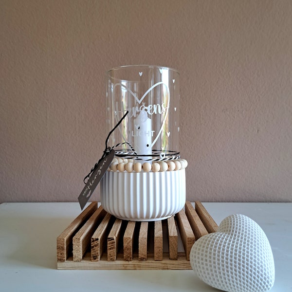 Handgemachtes Windlicht, Kerzenständer,Kerzenteller "Herzenslicht" groß  Deko im Scandi-Style aus Keraflott/ Glas
