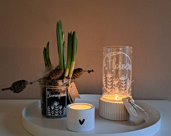 Handgemachtes Windlicht " Flowers/ Blumen " Deko im Scandi-Style aus Keraflott/ Glas