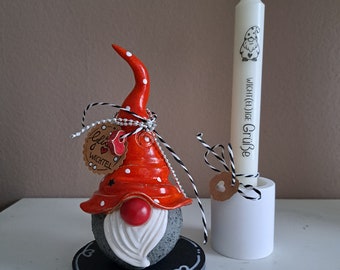 Bestellware***Wichtel, Glückswichtel, Zwerg  aus Keramik inclusive Schieferplatte, Kerzenhalter,  Kerze mit Botschaft,  alles handmade
