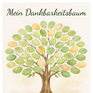 Könnte beinhalten: Aquarell-Illustration eines Baumes mit grünen und gelben Blättern. Der Stamm und die Äste sind braun. Der Text "Mein Dankbarkeitsbaum" steht in grüner Schrift oben. Der Hintergrund ist hellbeige.