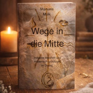 May include: A book titled "Wege in die Mitte" by Manuela Molk, with text in German. The cover has a textured, stone-like appearance with a symbol. A lit candle and foliage are in the background.
