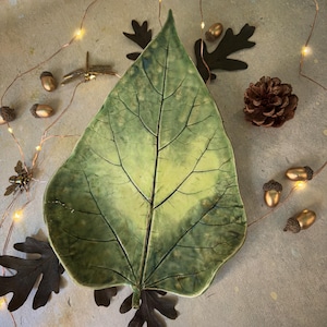 Green Goddess – Sculpted Catalpa Leaf Dish | Botanical Wall Art or Functional Stoneware | Nature-Inspired Pottery | Adorned Leaves Series