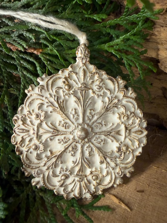 Ivory Filigree Medallion Ornament, Handmade Porcelain Botanical Keepsake, Antique Style Christmas Decor, 3" H