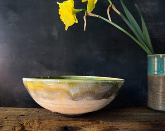Wheel Thrown Stoneware Bowl – Olive Gold Glaze, Rustic Modern Serving Dish