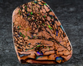 May include: A brown, green, and blue opal with a rough, textured surface. The opal has a unique pattern of veins and swirls.
