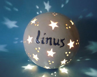 Name lamp, personal gift for birth, baptism, star child, commemorative lamp with name, night light with star, still light, ceramic ball, clay