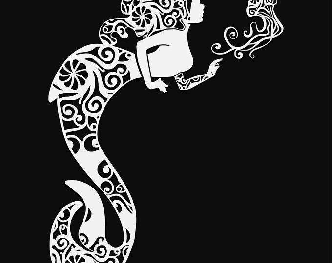 mermaid with jellyfish mandala svg cut file, glowforge file, fantasy vinyl template, mermaid svg, cuttable mermaid svg, clipart png