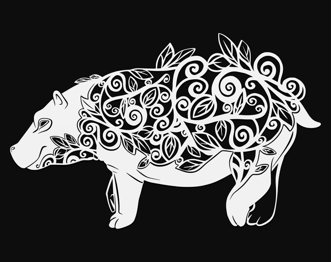 floral hippopotamus svg cut file, glowforge mandala file, vinyl template, laser cut file, zoo animal svg, cuttable animal svg, clipart png