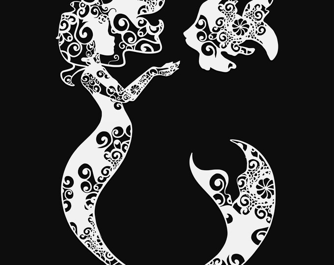 mermaid with fish mandala svg cut file, glowforge file, fantasy vinyl template, laser file, mermaid svg, cuttable mermaid svg, clipart png