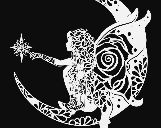 fairy on moon mandala svg cut file, glowforge file, vinyl template, laser cut file, fairy svg, cuttable pixie svg, clipart png