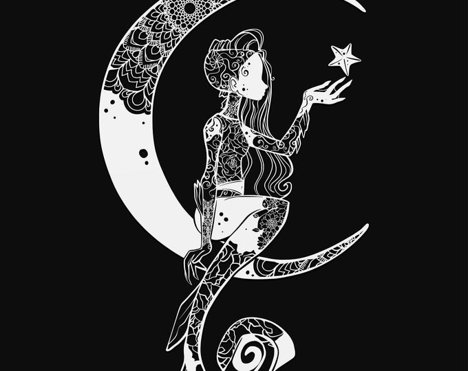 mermaid on moon mandala svg cut file, glowforge file, fantasy vinyl template, laser cut file, mermaid svg, cuttable mermaid svg, clipart png
